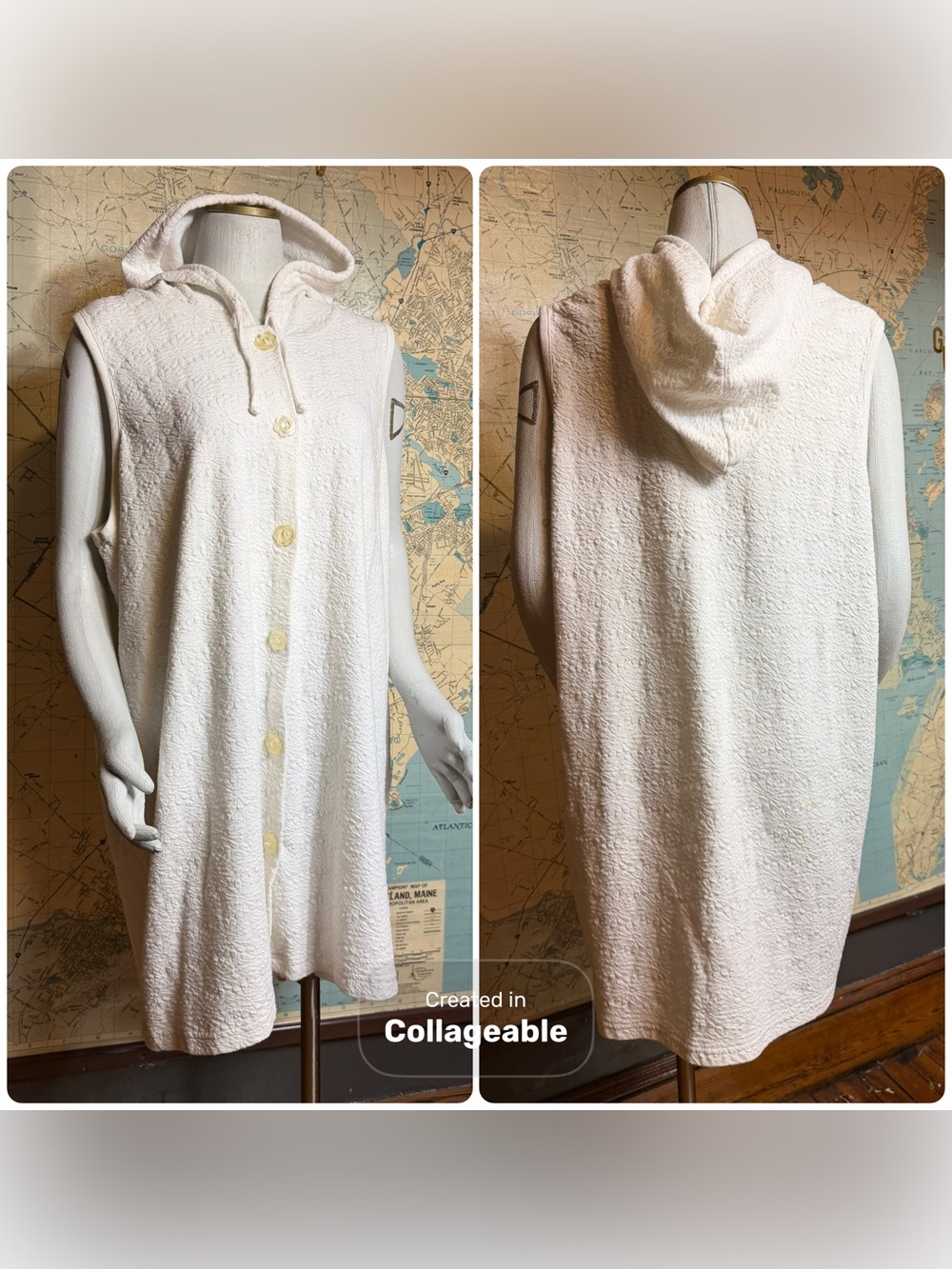 LA Gold Vintage Sleeveless Hooded Button-Front Terry Mini Dress - White